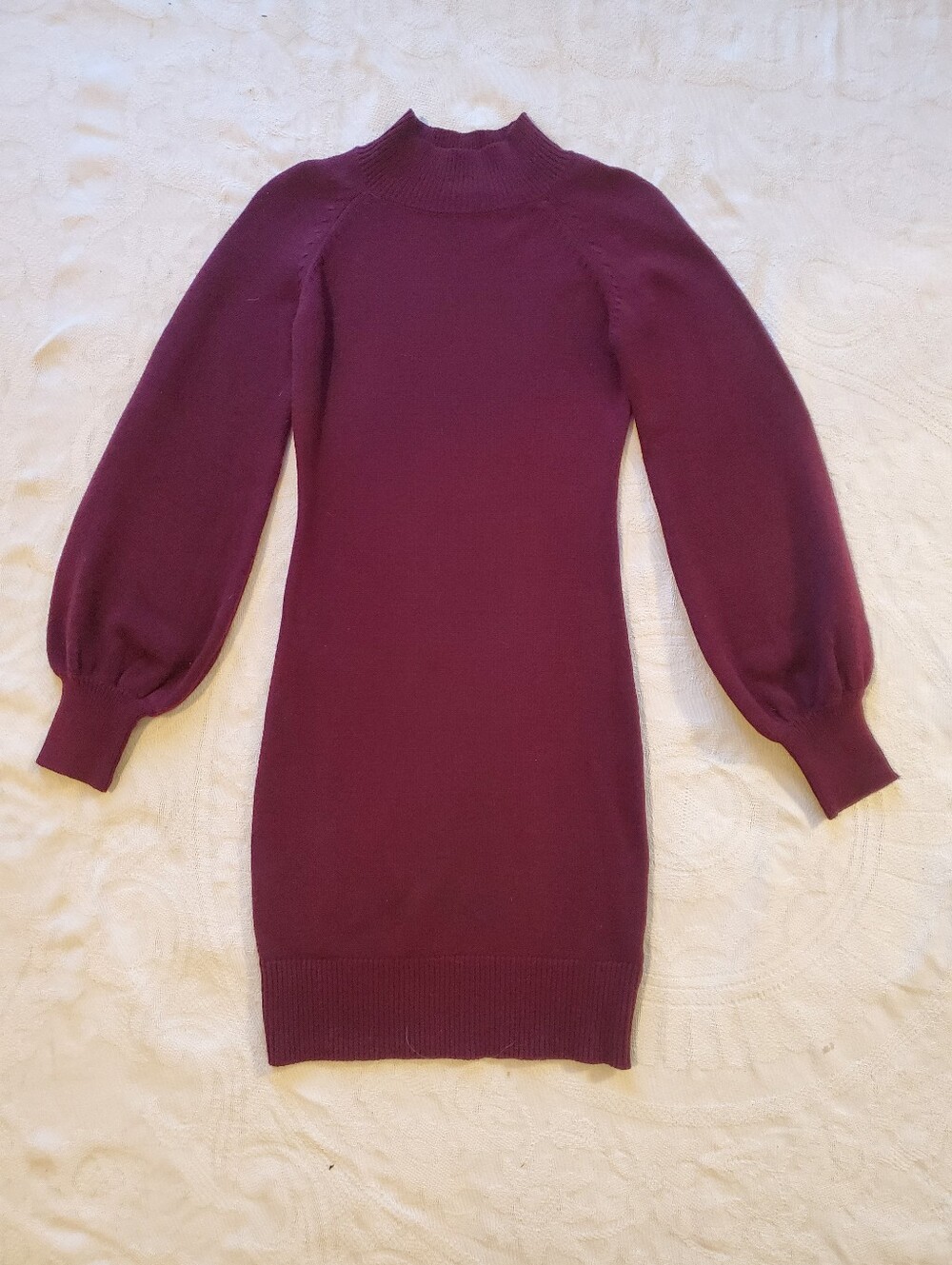 She + Sky Plum Knit Balloon-Sleeve Sweater Dress Bodycon Mock Neck Ribbed